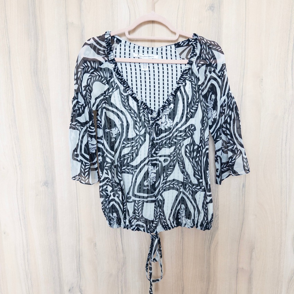 Diane von Furstenberg Womens Silk Blouse 2 Black White Sheer Abstract Tie Front